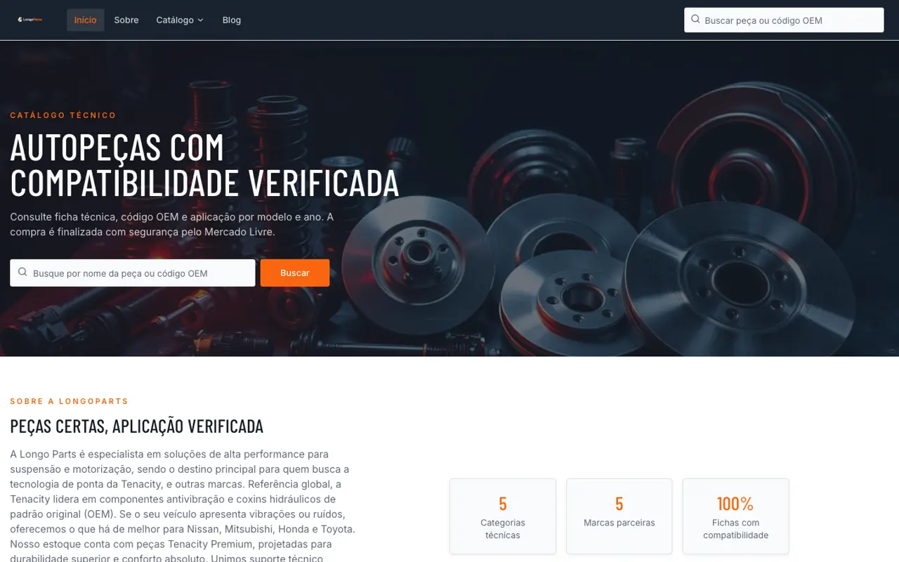 Site entregue para Longo Parts, versão desktop
