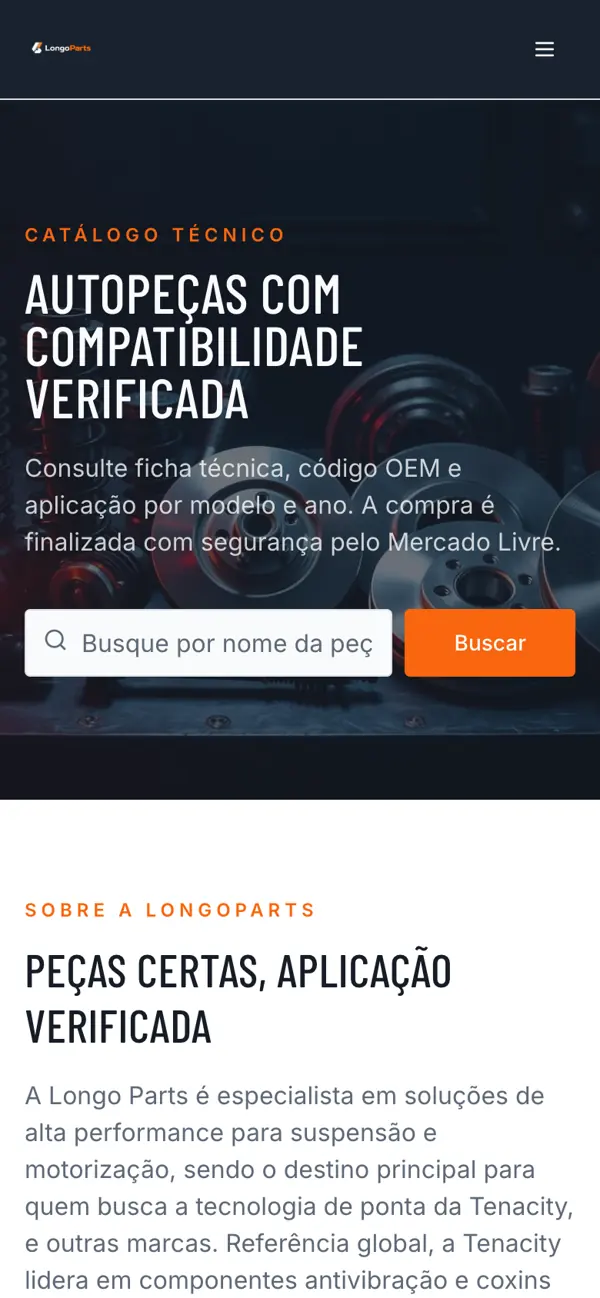 Site entregue para Longo Parts, versão mobile