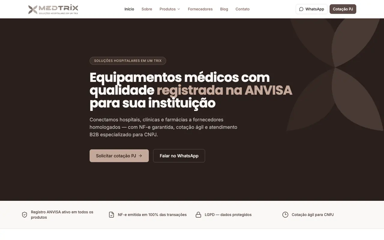 Site entregue para Medtrix Hospitalar, versão desktop